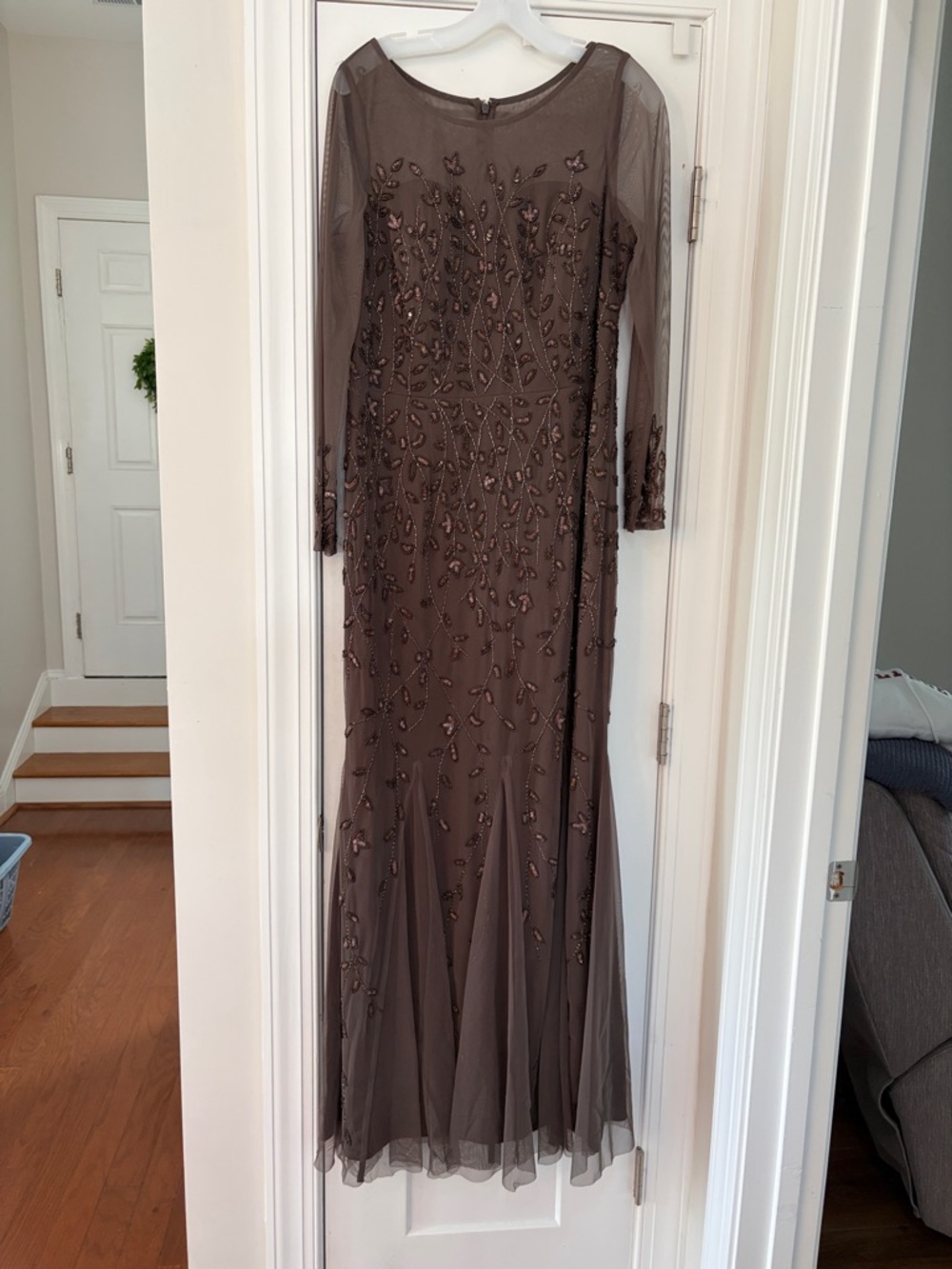 Oleg Cassini Brown/Dark Taupe Beaded Long Sleeve Maxi Gown